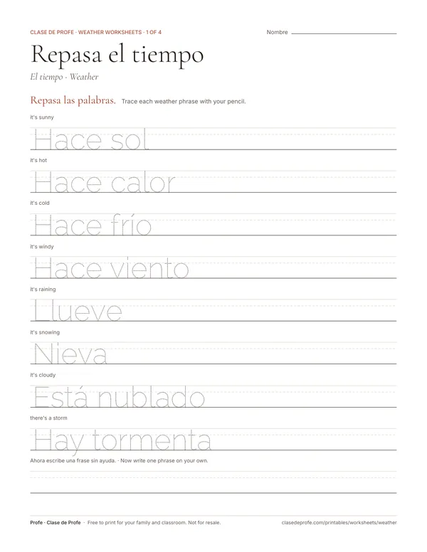 Worksheet: eight Spanish weather phrases in dotted letters on handwriting lines